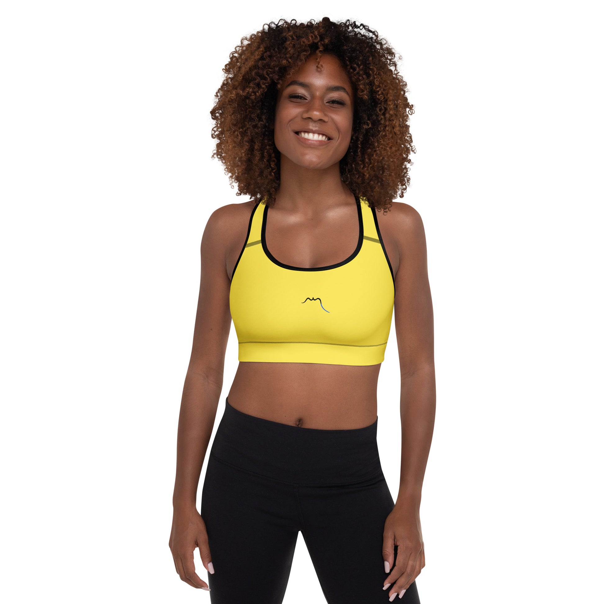 Vue de face de la brassière de sport rembourrée Alicia - coloris jaune et noir