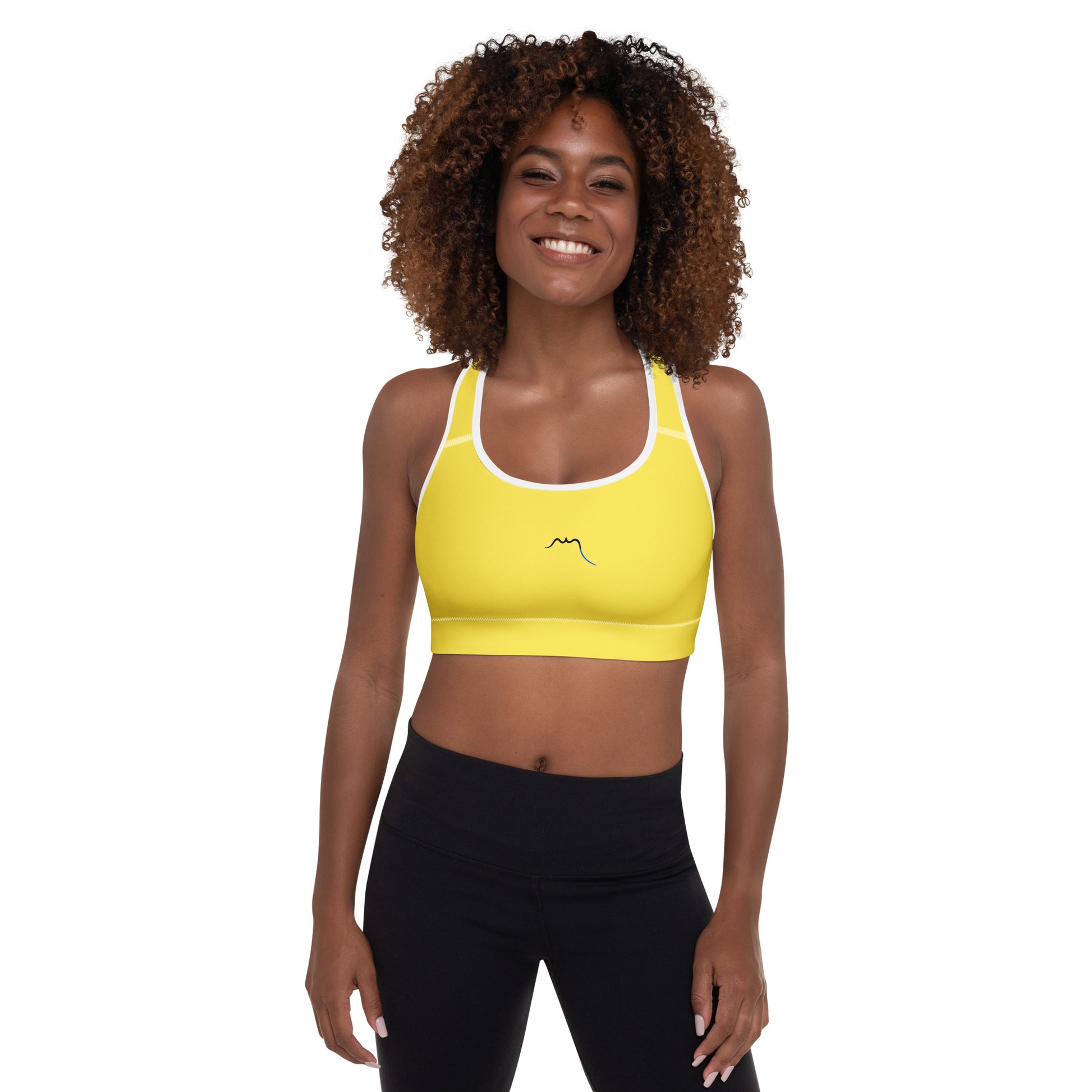 Vue de face de la brassière de sport rembourrée Alicia - coloris jaune et blanc
