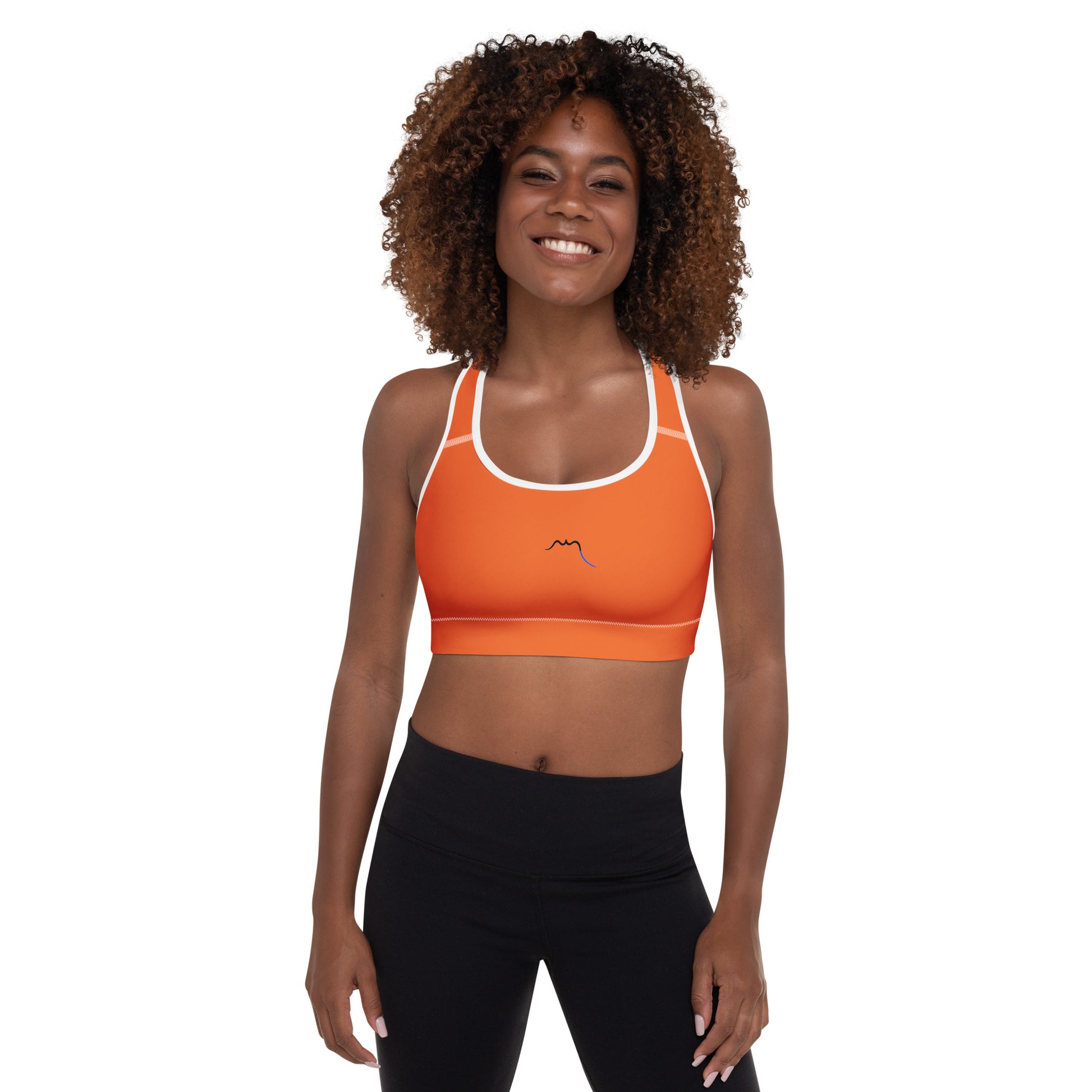 Vue de face de la brassière de sport rembourrée Alicia - coloris orange et blanc