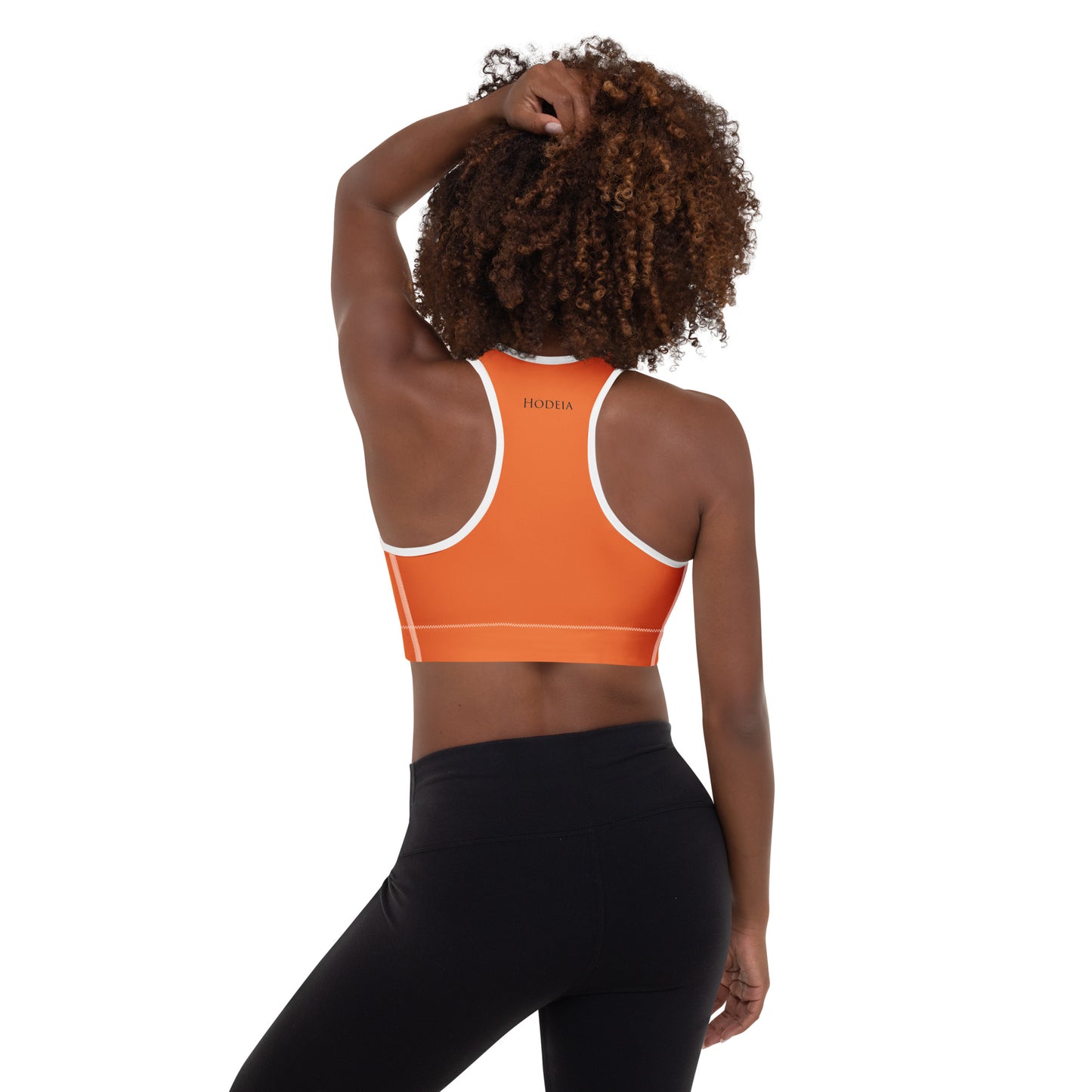 Vue de dos de la brassière de sport rembourrée Alicia - coloris orange et blanc