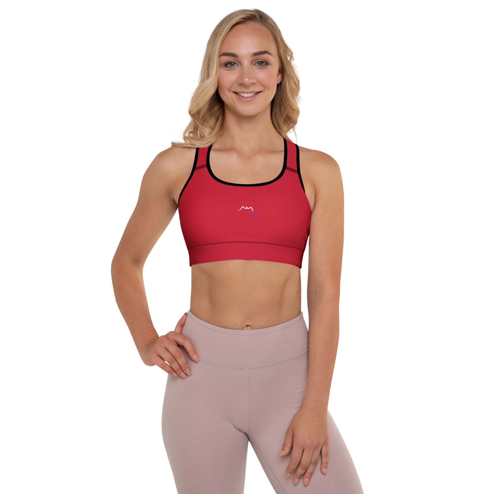 Vue de face de la brassière de sport rembourrée Alicia - coloris rouge et noir