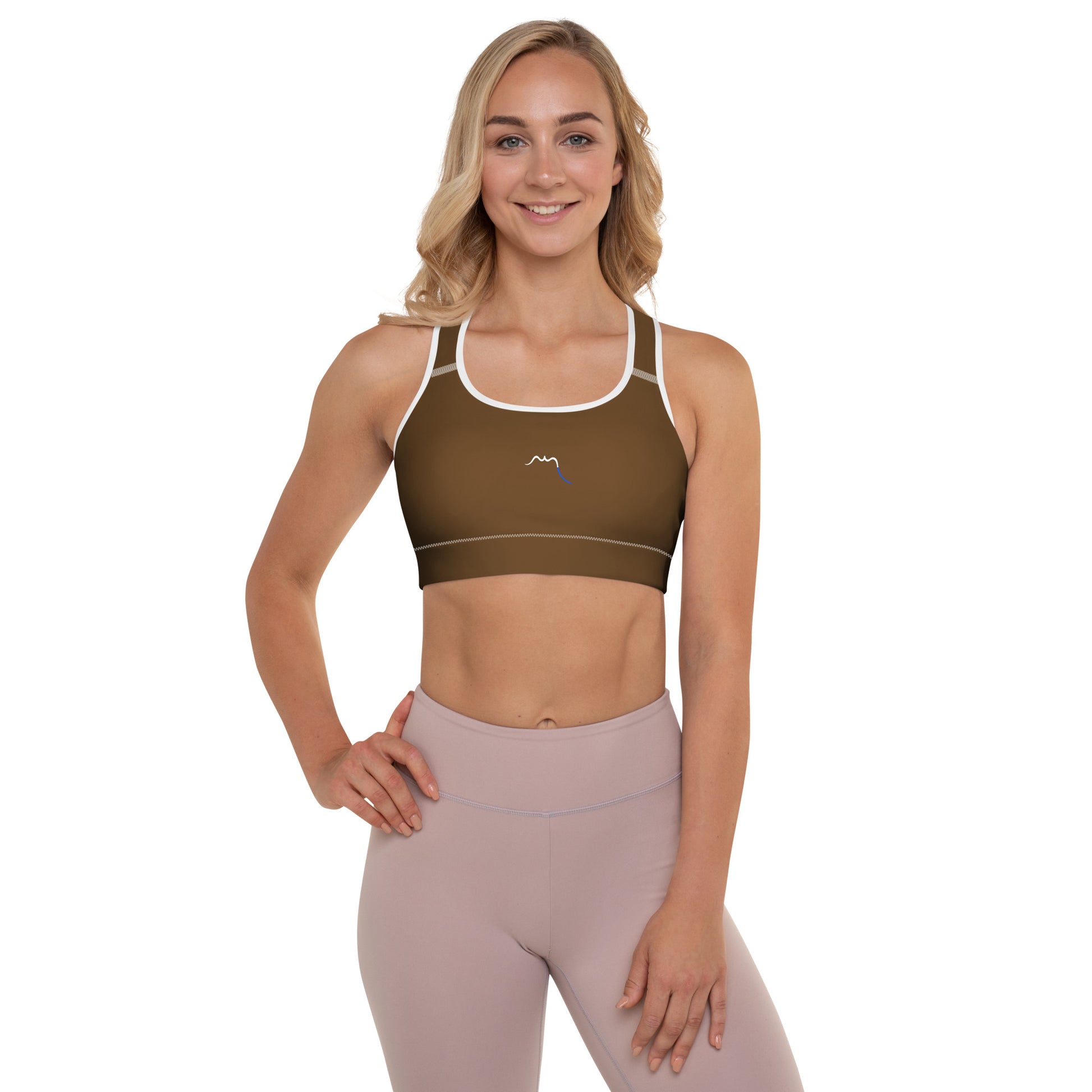 Vue de face de la brassière de sport rembourrée Alicia - coloris marron et blanc