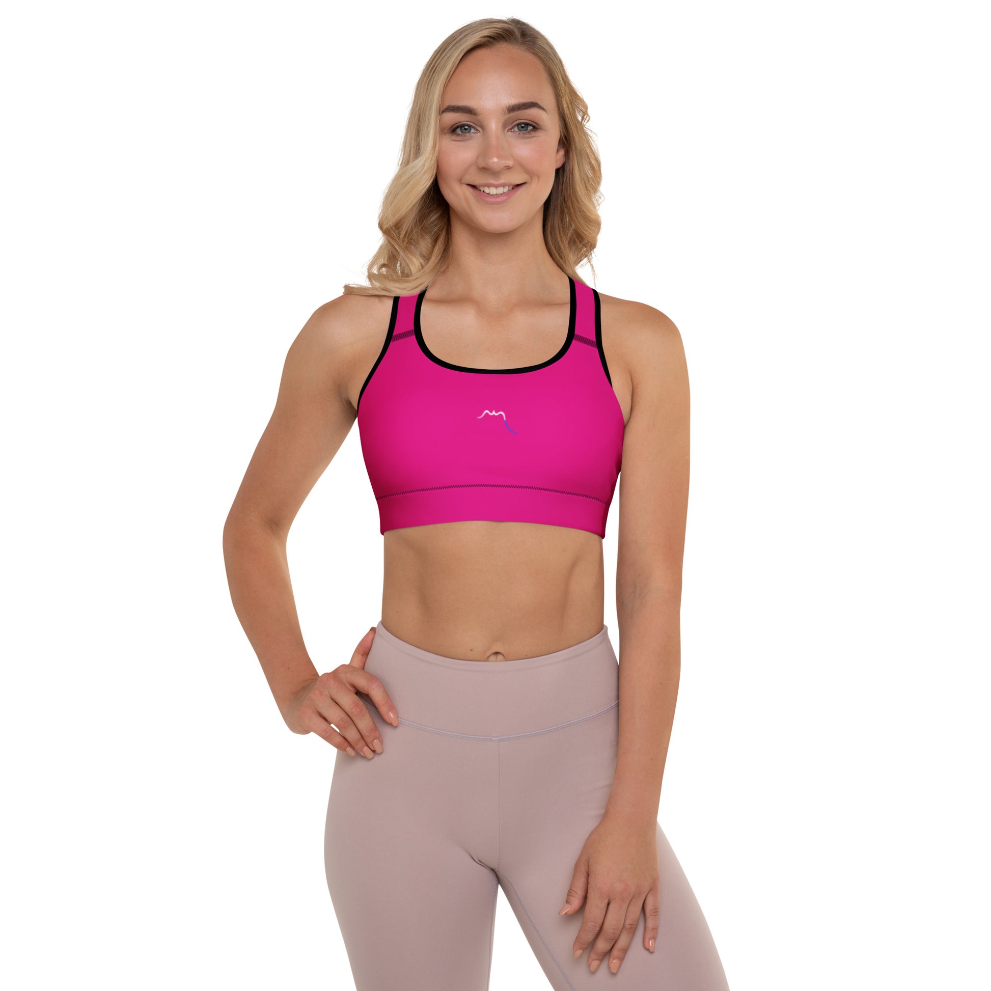 Vue de face de la brassière de sport rembourrée Alicia - coloris fuchsia et noir
