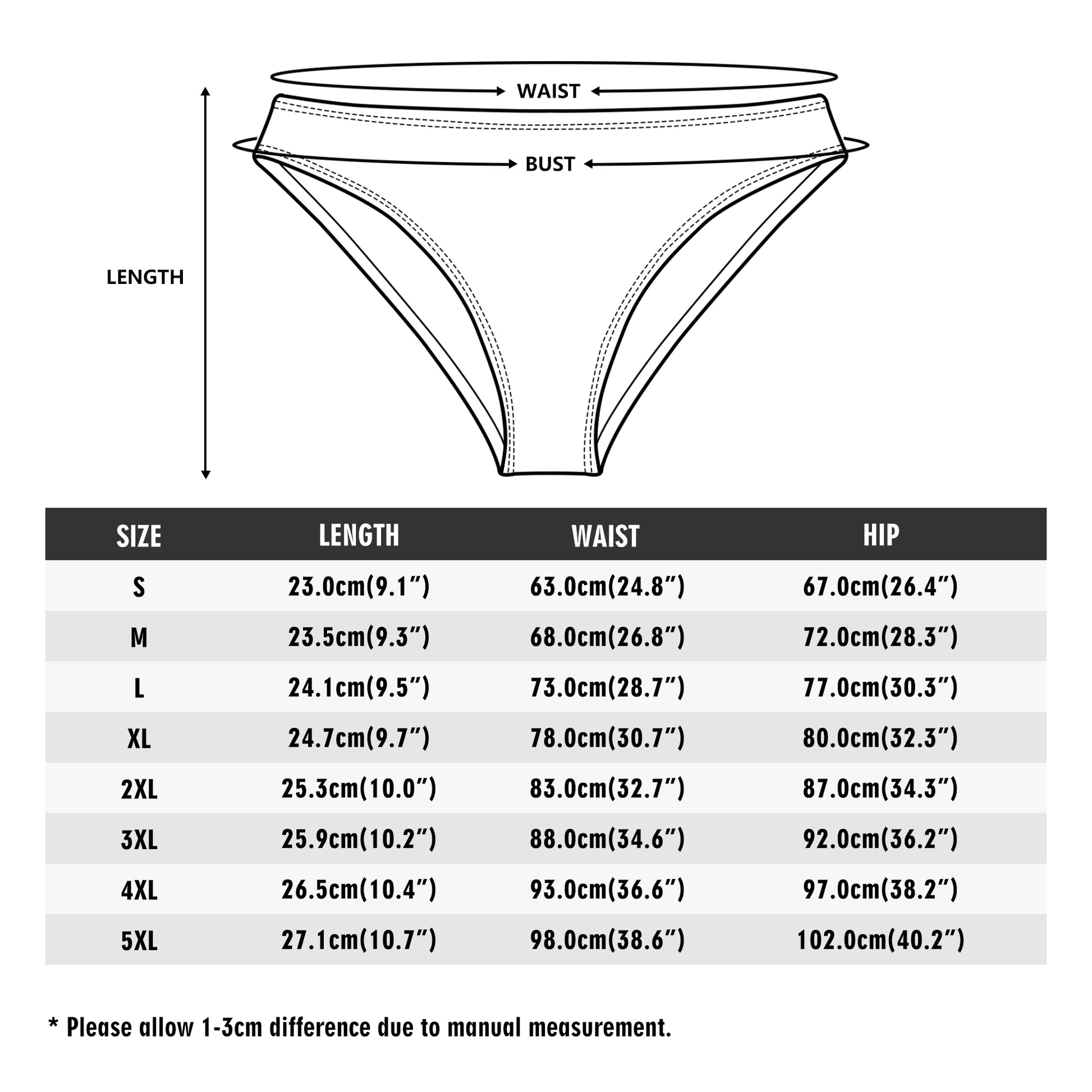 Guide des tailles de la Culotte Elaia du S au 5 XL en hauteur, taille et tour de hanches.