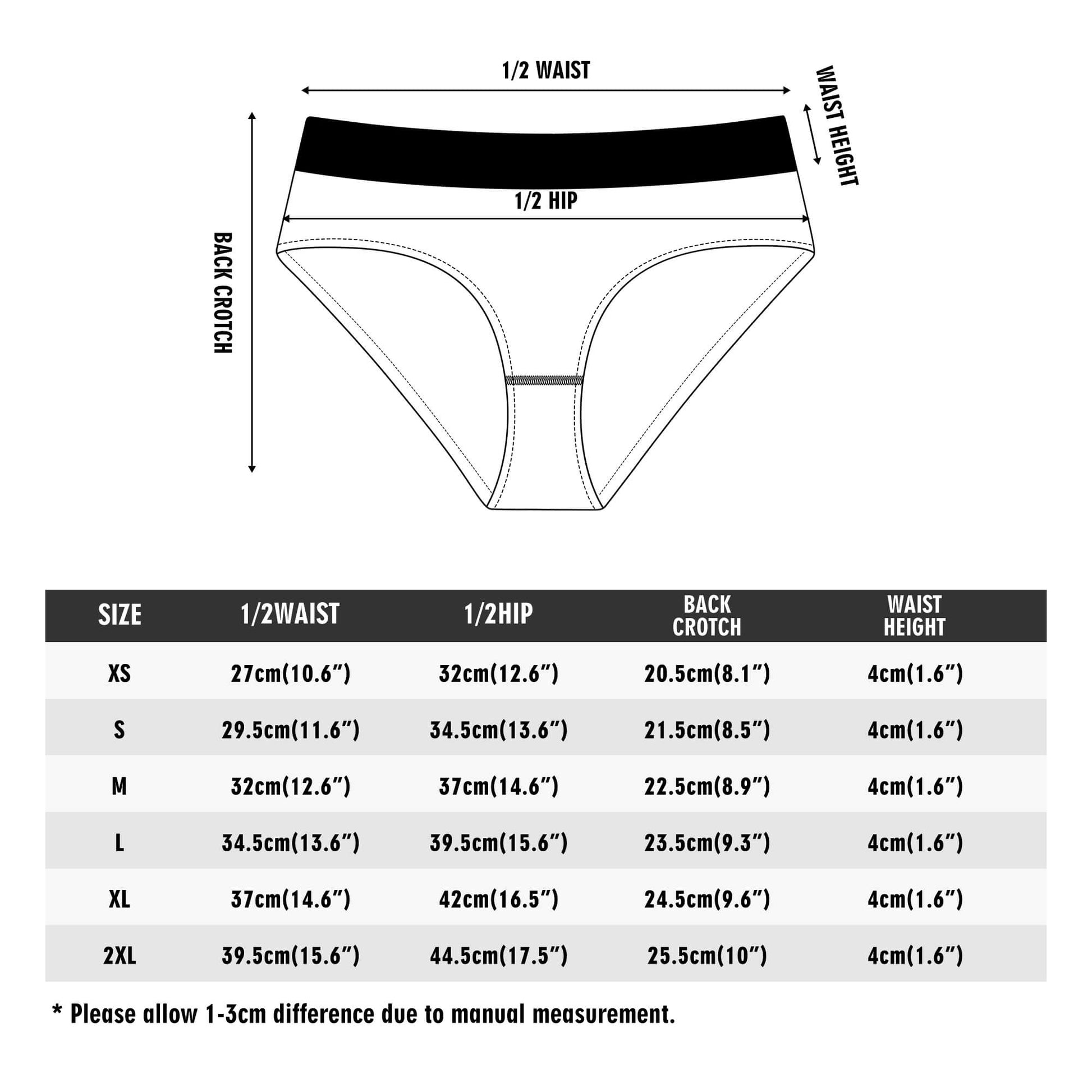 Guide des tailles de la Culotte Elaia Taille Haute du XS au 2XL en tour de taille, tour de hanches, hauteur et largeur du bandeau élastique.