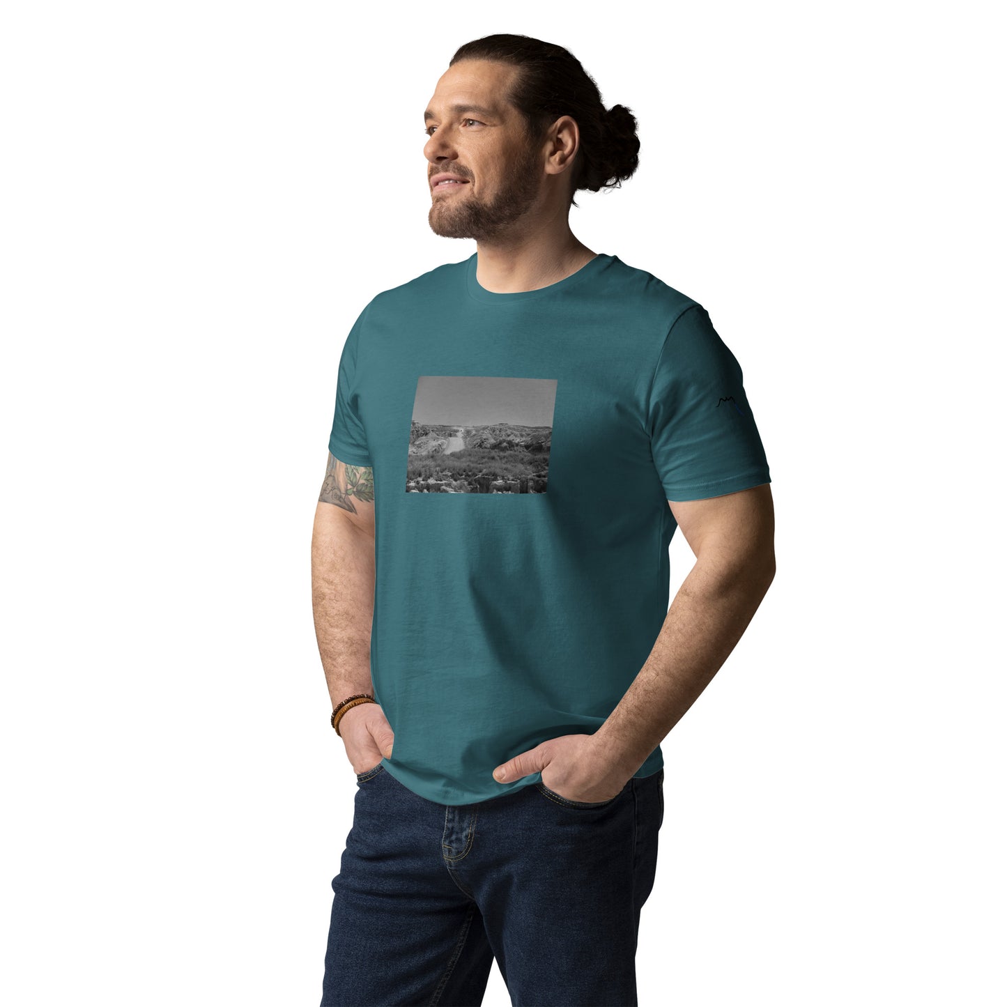 Vue de face du T-shirt 100% Coton Bio Bardenas B/W - coloris bleu vert
