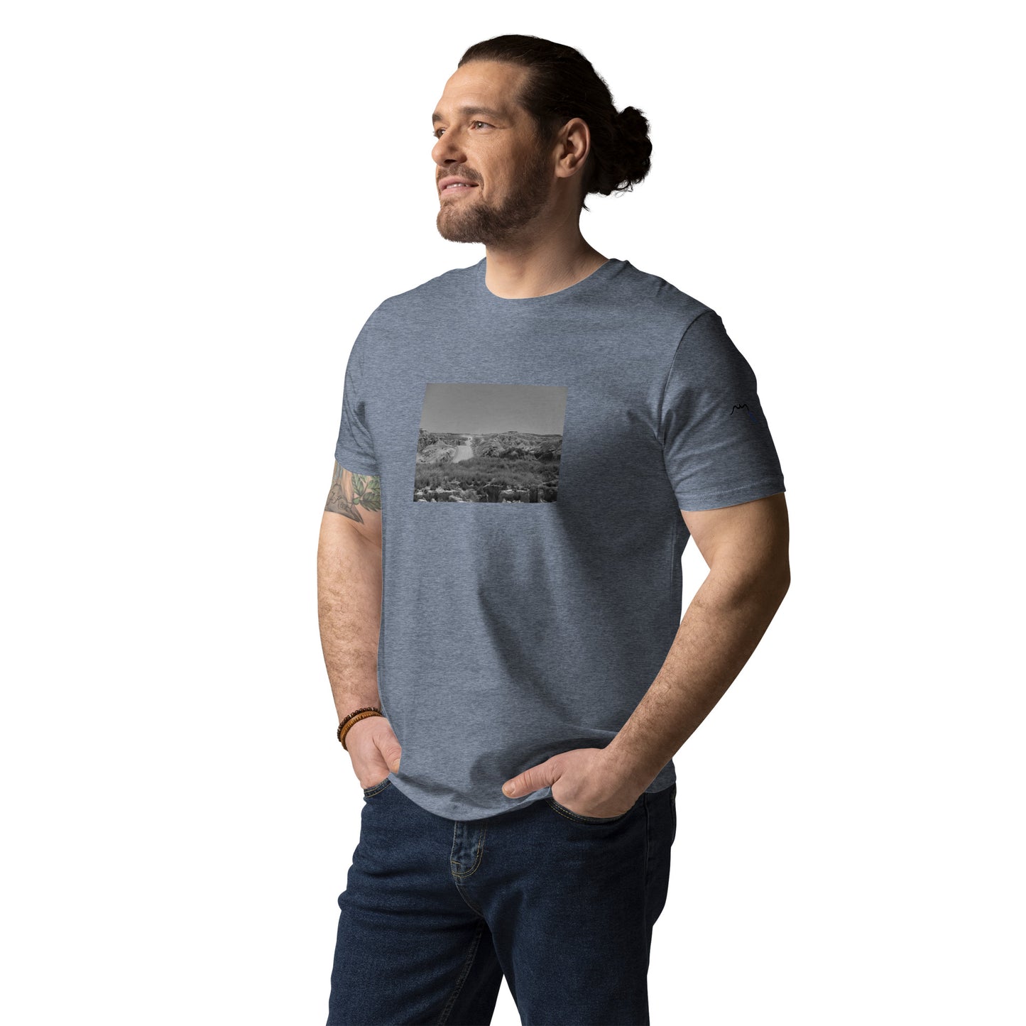 Vue de face du T-shirt 100% Coton Bio Bardenas B/W - coloris bleu gris chiné