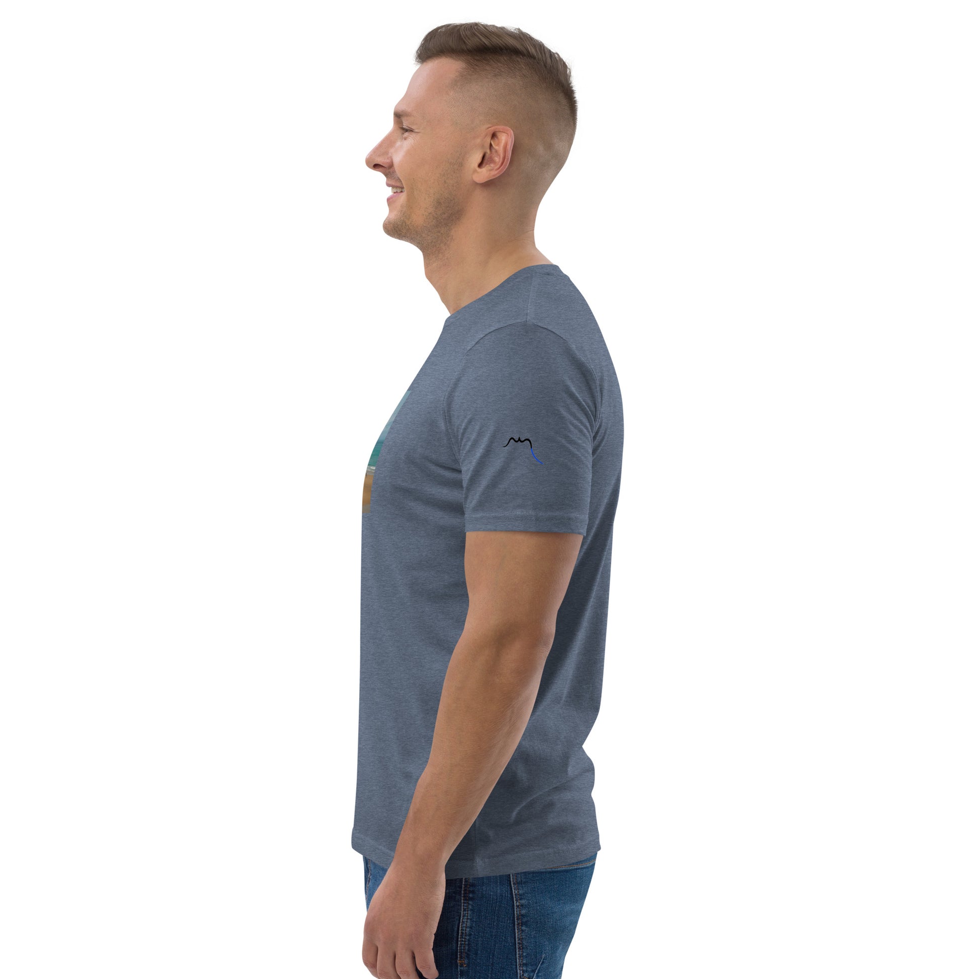Vue de côté du T-shirt 100% Coton Bio Bidart Centre - coloris bleu gris chiné