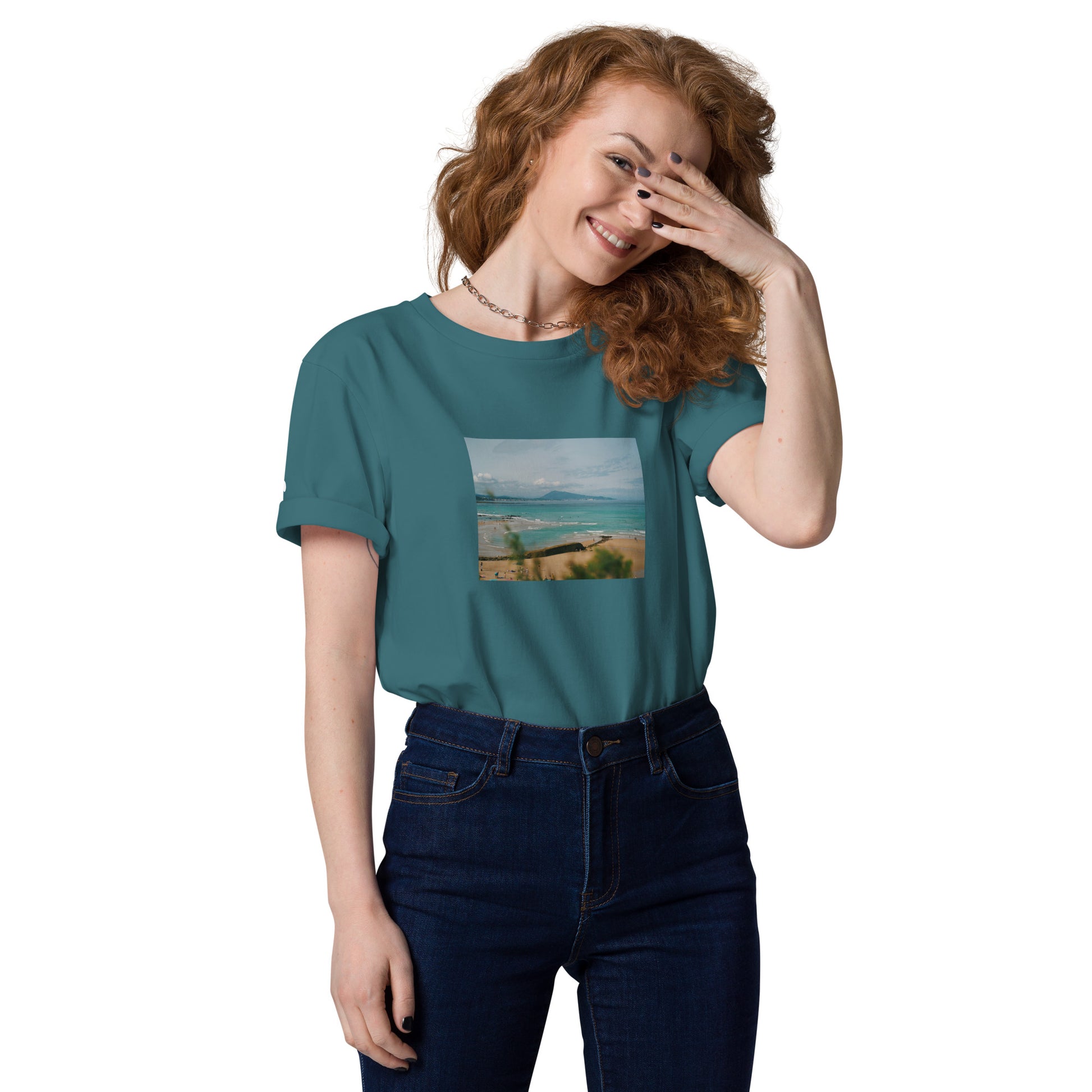 Vue de face du T-shirt 100% Coton Bio Bidart Centre - coloris bleu vert