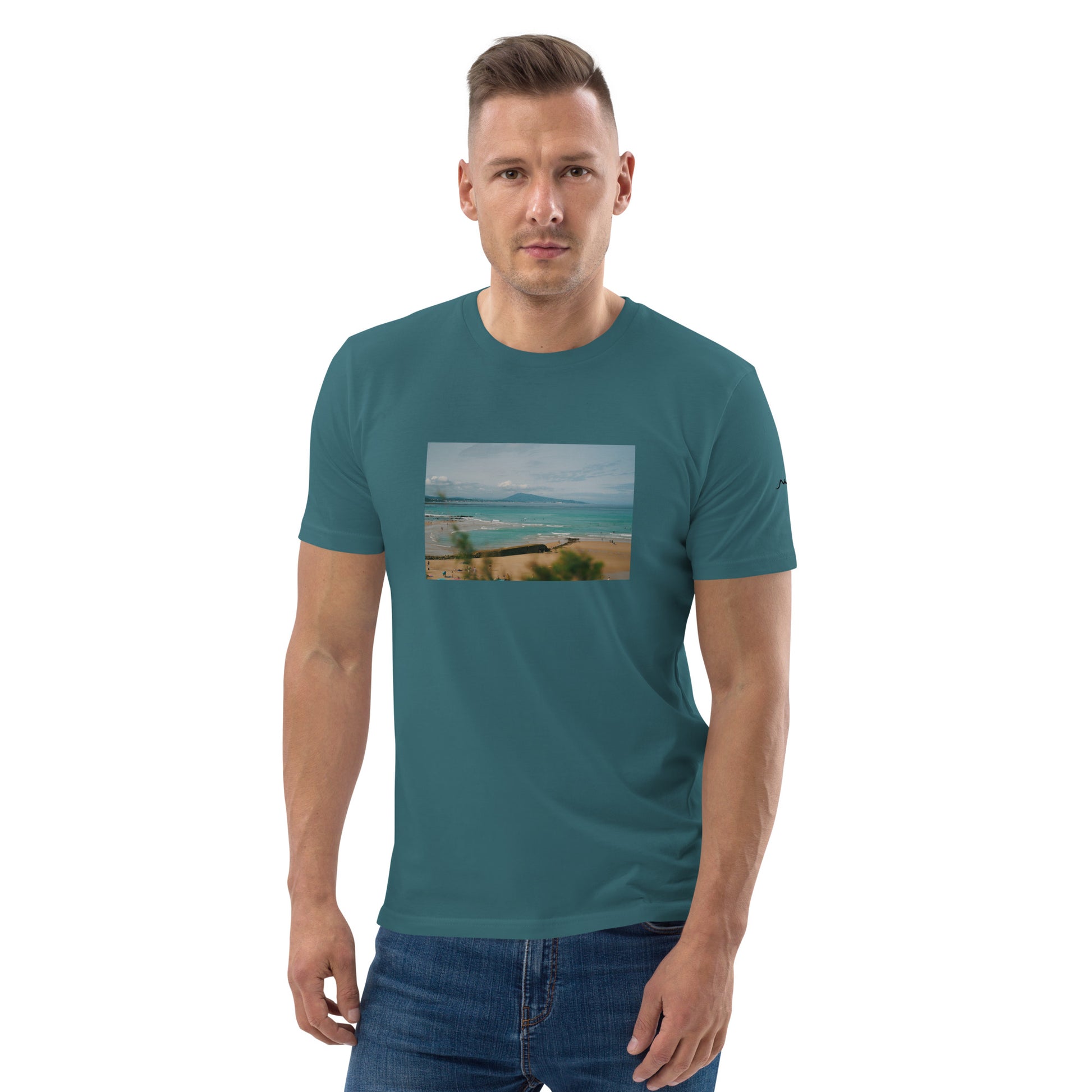 Vue de face du T-shirt 100% Coton Bio Bidart Centre - coloris bleu vert