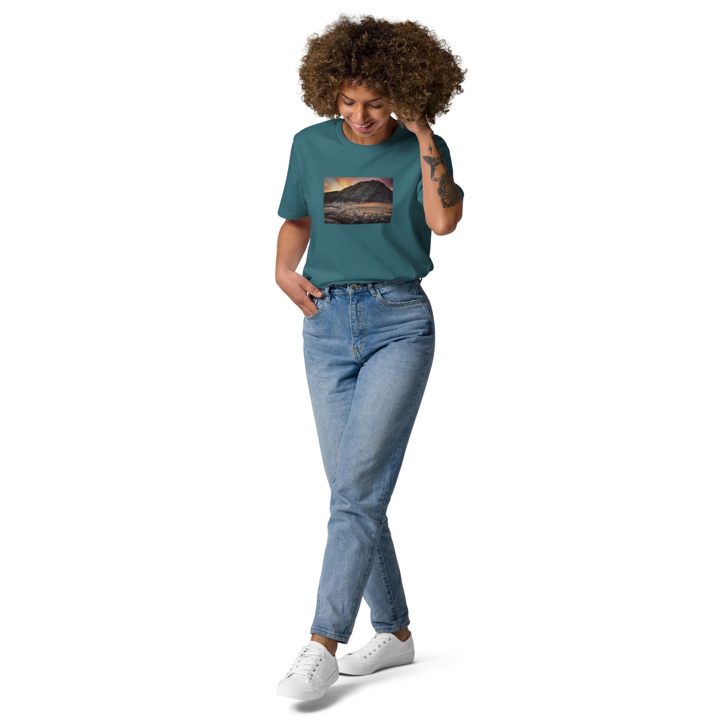 Vue de face du T-shirt 100% Coton Bio Falaise - coloris bleu vert