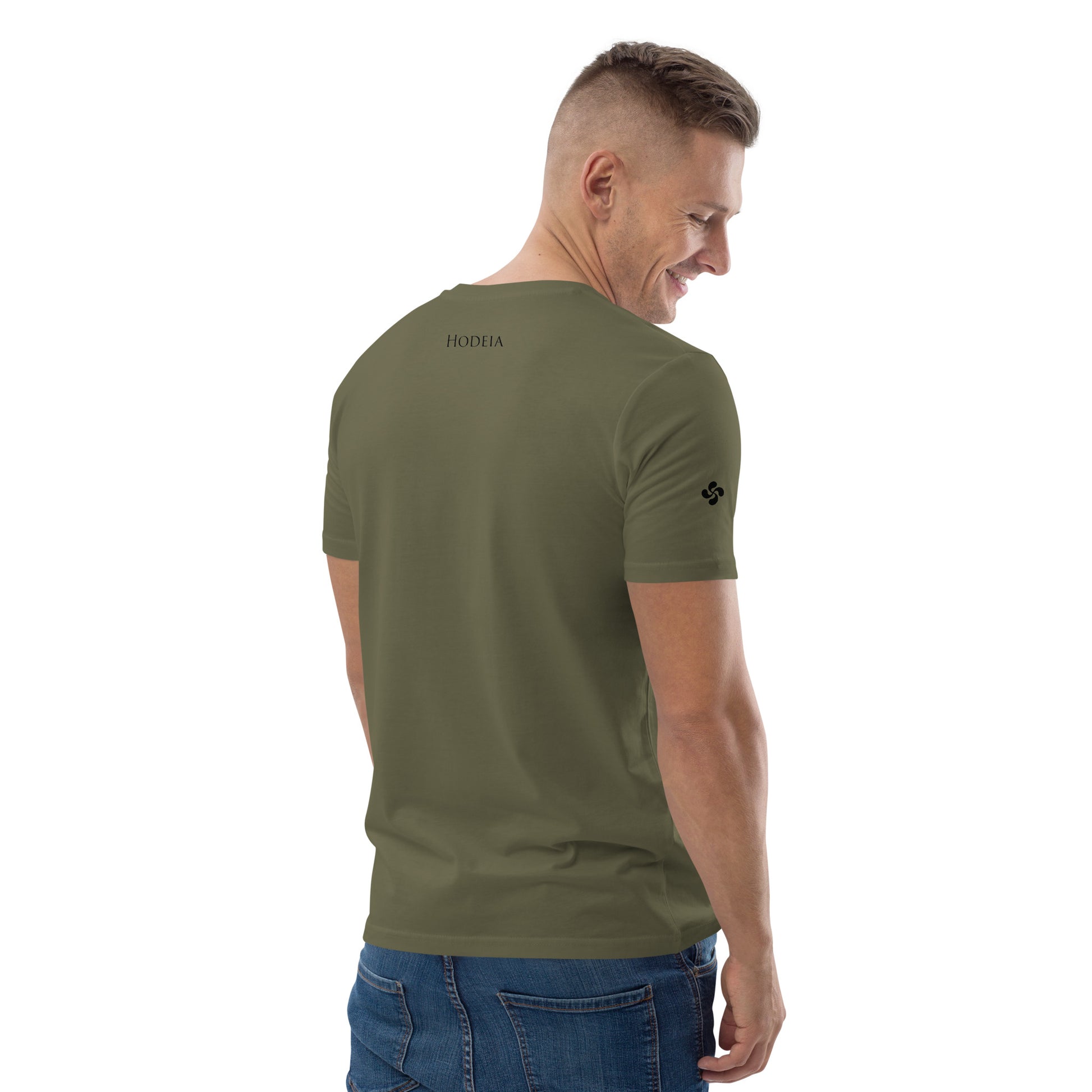 Vue de côté du t-shirt 100% coton biologique CDT Sunset - coloris kaki foncé