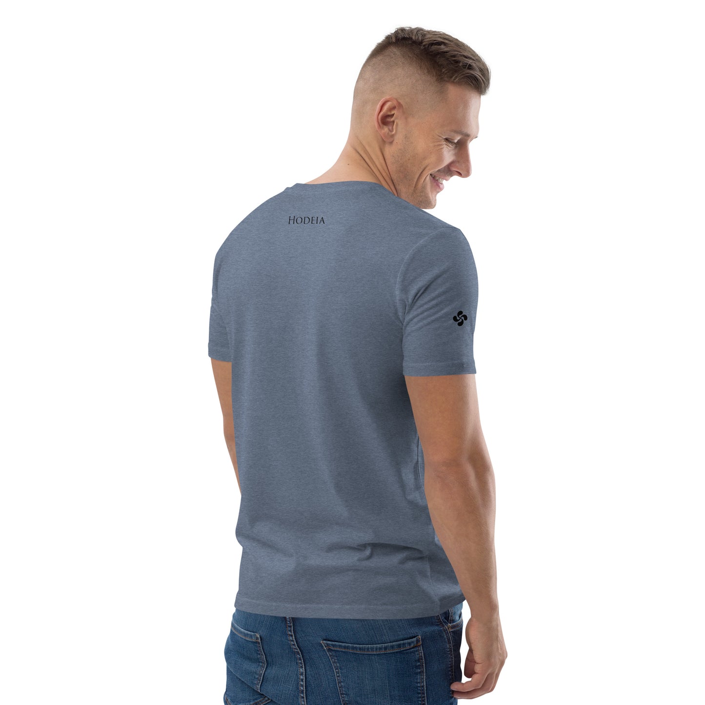 Vue de côté du t-shirt 100% coton biologique CDT Sunset - coloris bleu gris chiné