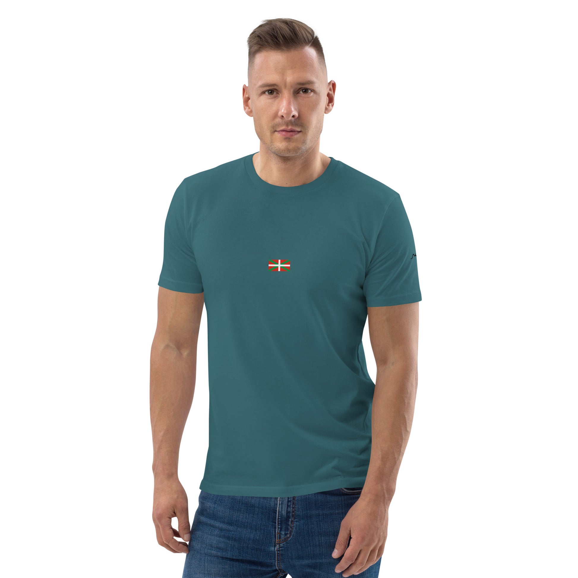 Vue de face du t-shirt 100% coton biologique Ikurriña - coloris bleu vert