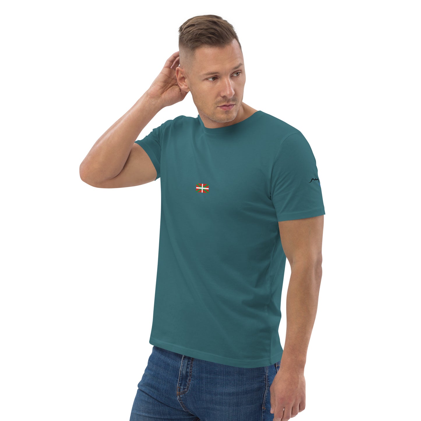 Vue de côté du t-shirt 100% coton biologique Ikurriña - coloris bleu vert