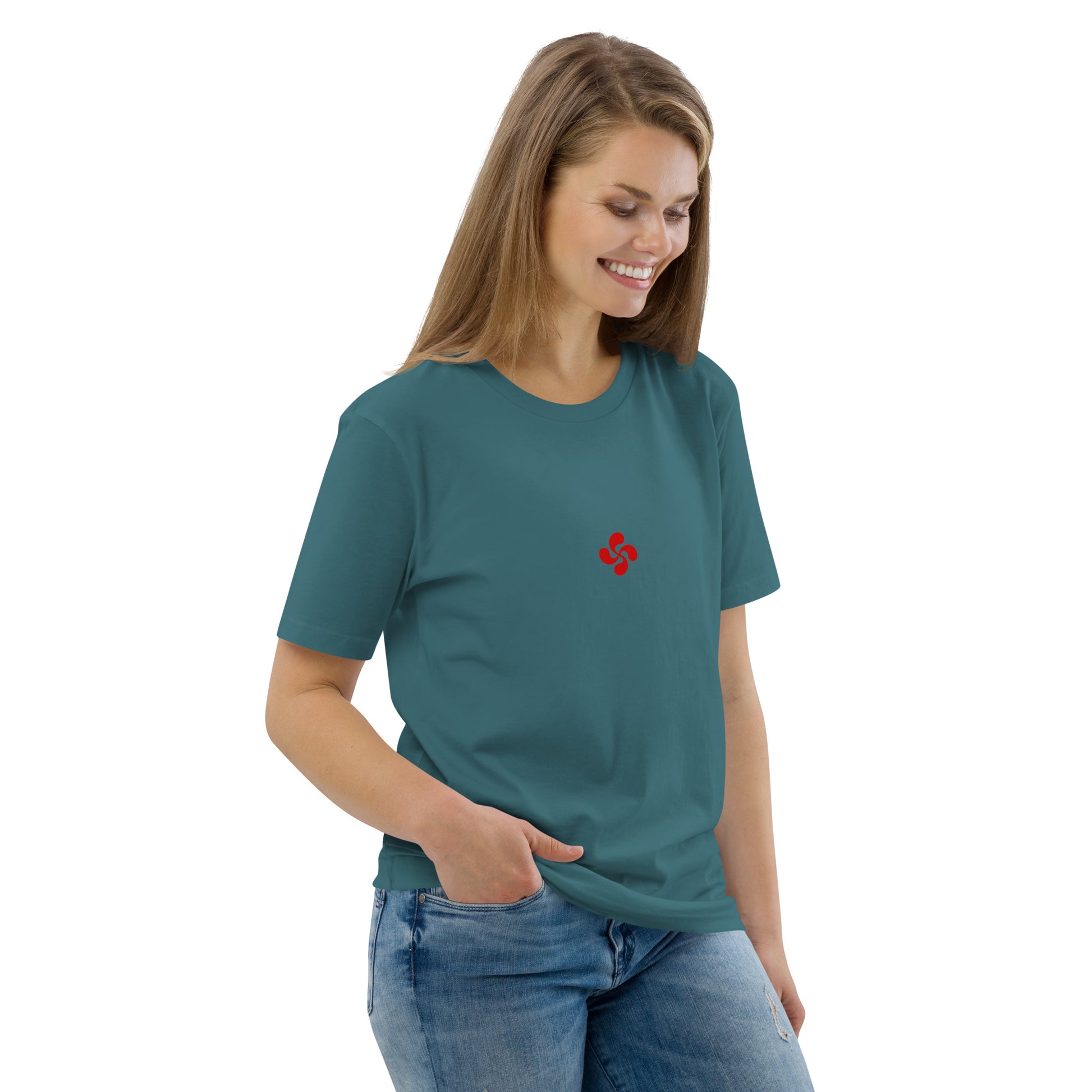 Vue de côté du t-shirt 100% coton biologique Lauburu R - coloris bleu vert