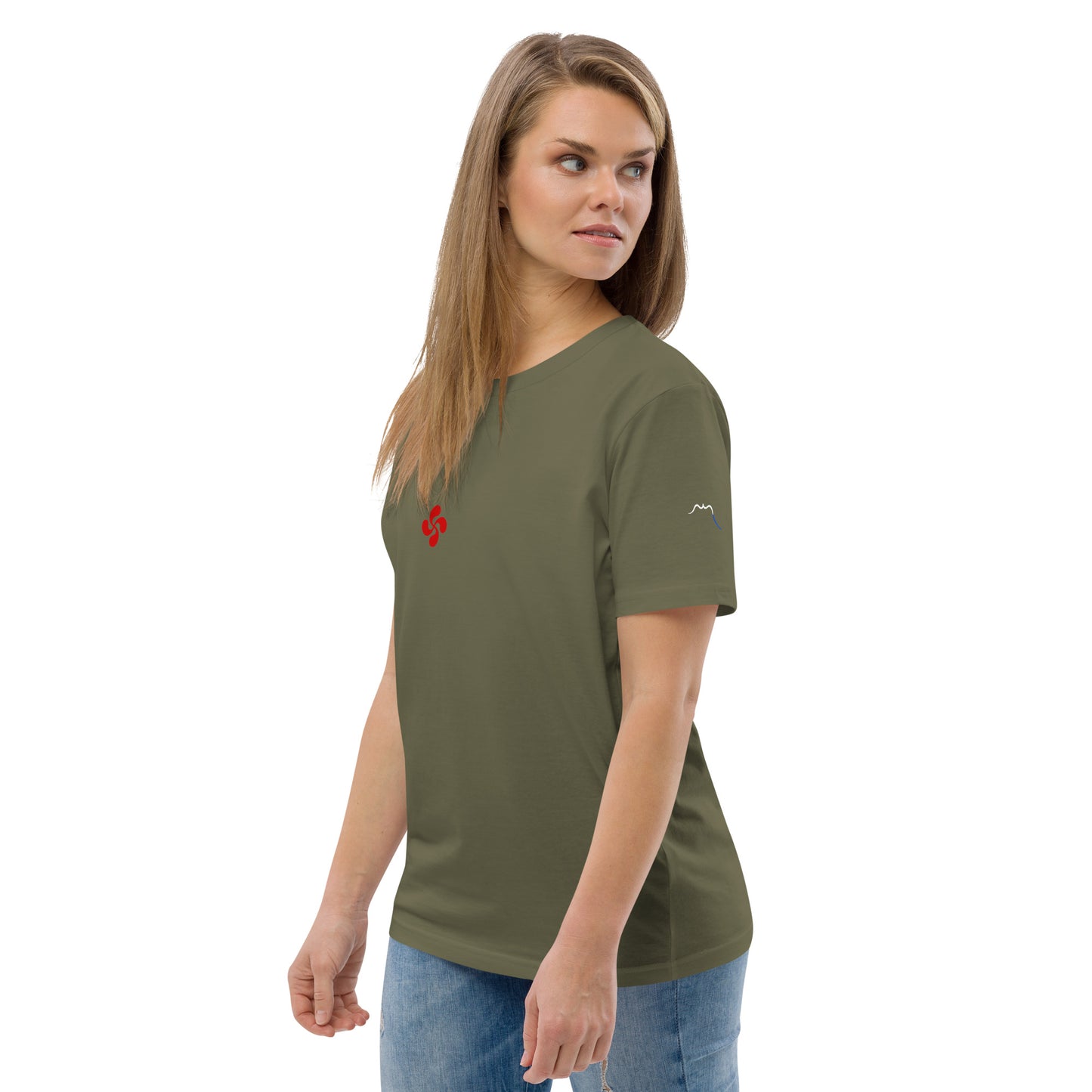 Vue de côté du t-shirt 100% coton biologique Lauburu R - coloris kaki foncé