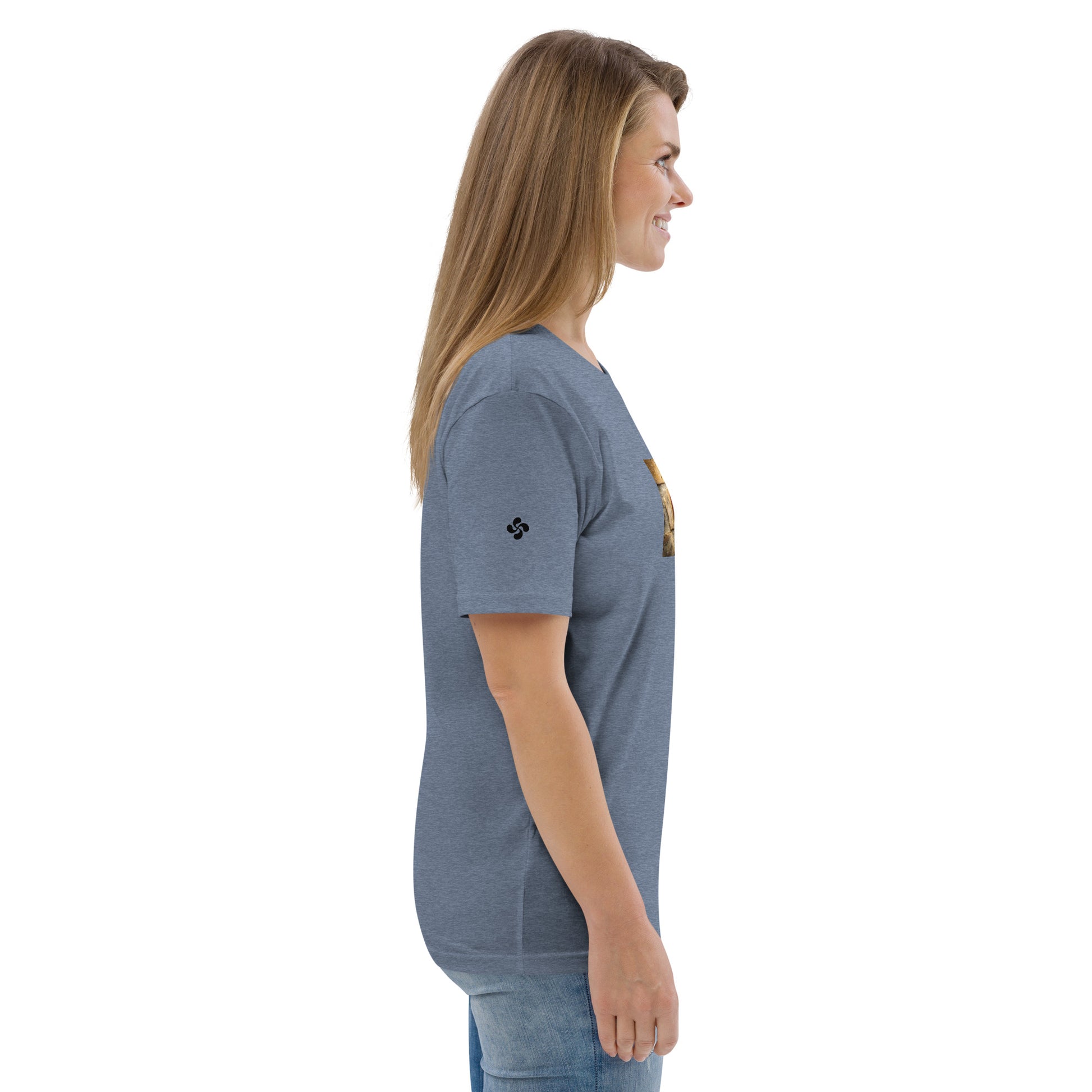 Vue de côté du t-shirt 100% coton biologique Pelote Basque - coloris bleu gris chiné