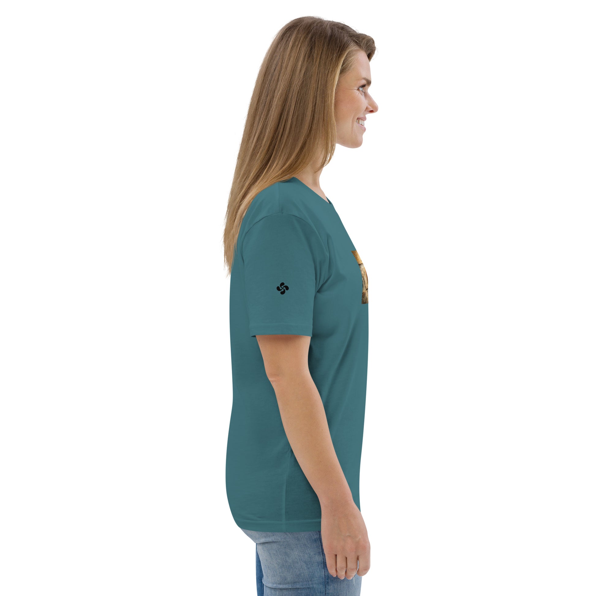 Vue de côté du t-shirt 100% coton biologique Pelote Basque - coloris bleu vert