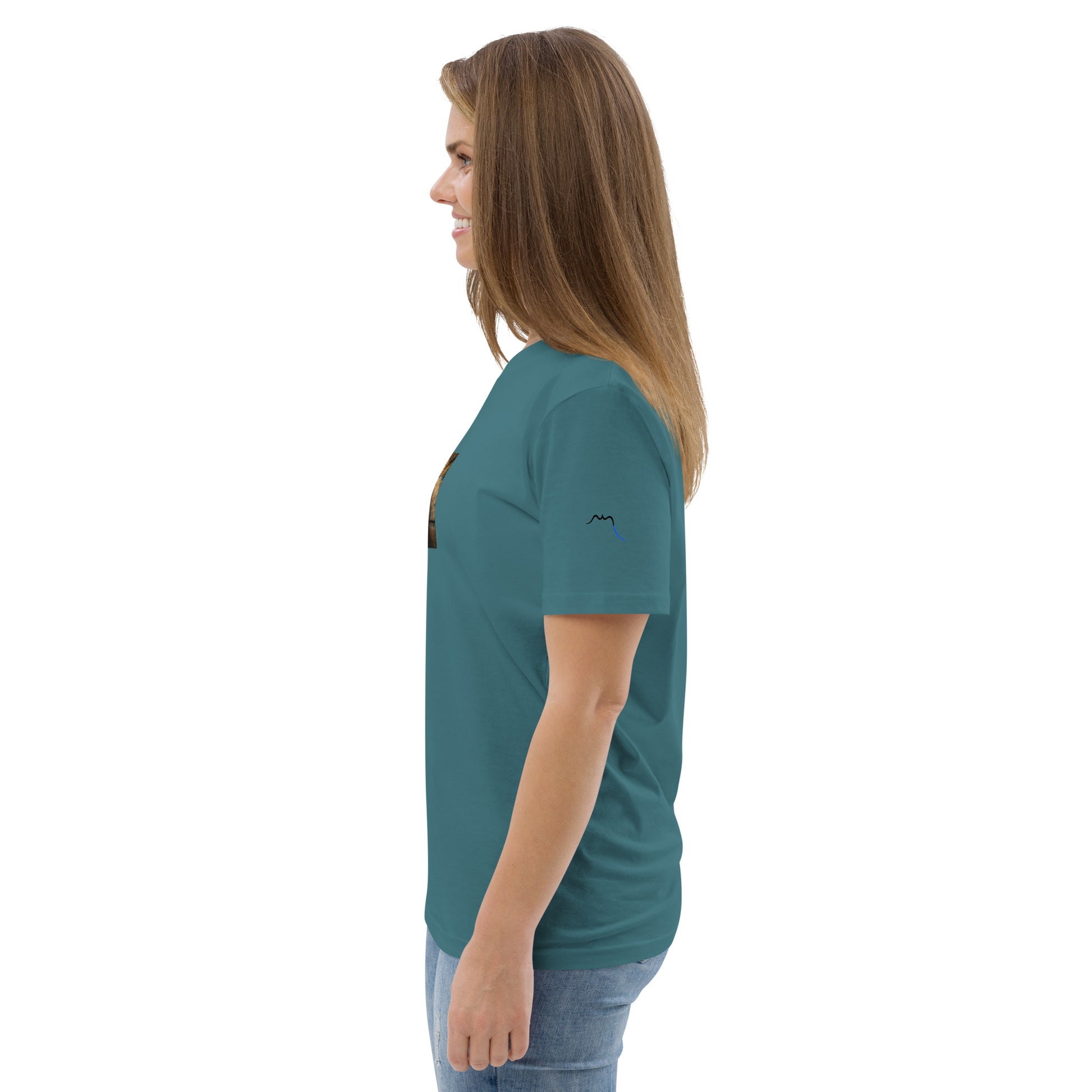 Vue de côté du t-shirt 100% coton biologique Pelote Basque - coloris bleu vert
