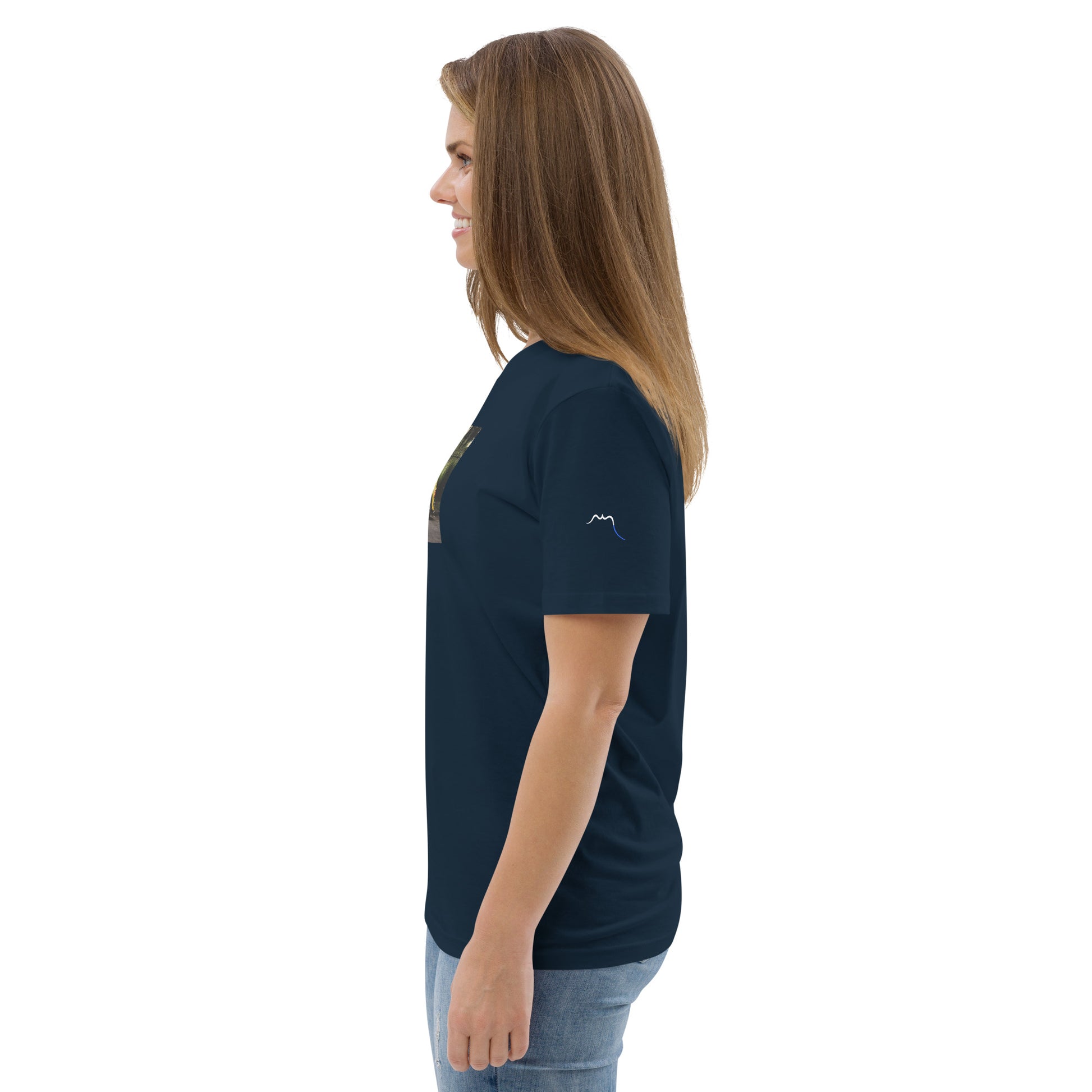 Vue de côté du T-shirt 100 % Coton Biologique - coloris bleu marine