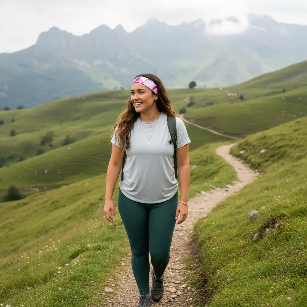 femme portant le bandeau de tête hodeia en randonnée à la montagne
