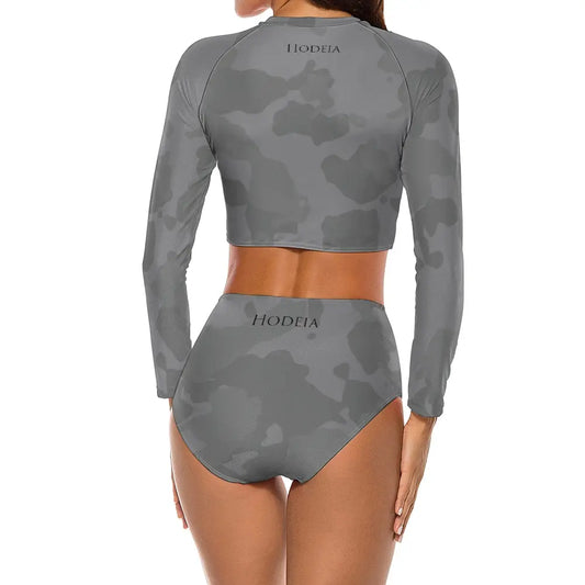 bikini de surf uhaina crop top manches longues dos motif camouflage gris