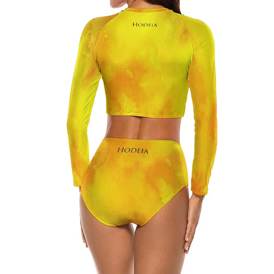 bikini de surf uhaina crop top manches longues dos motif jaune