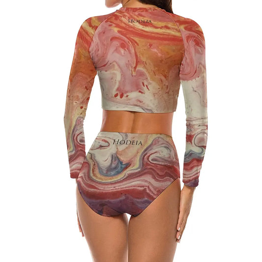 bikini de surf uhaina crop top manches longues dos motif nébuleuse beige orange mauve