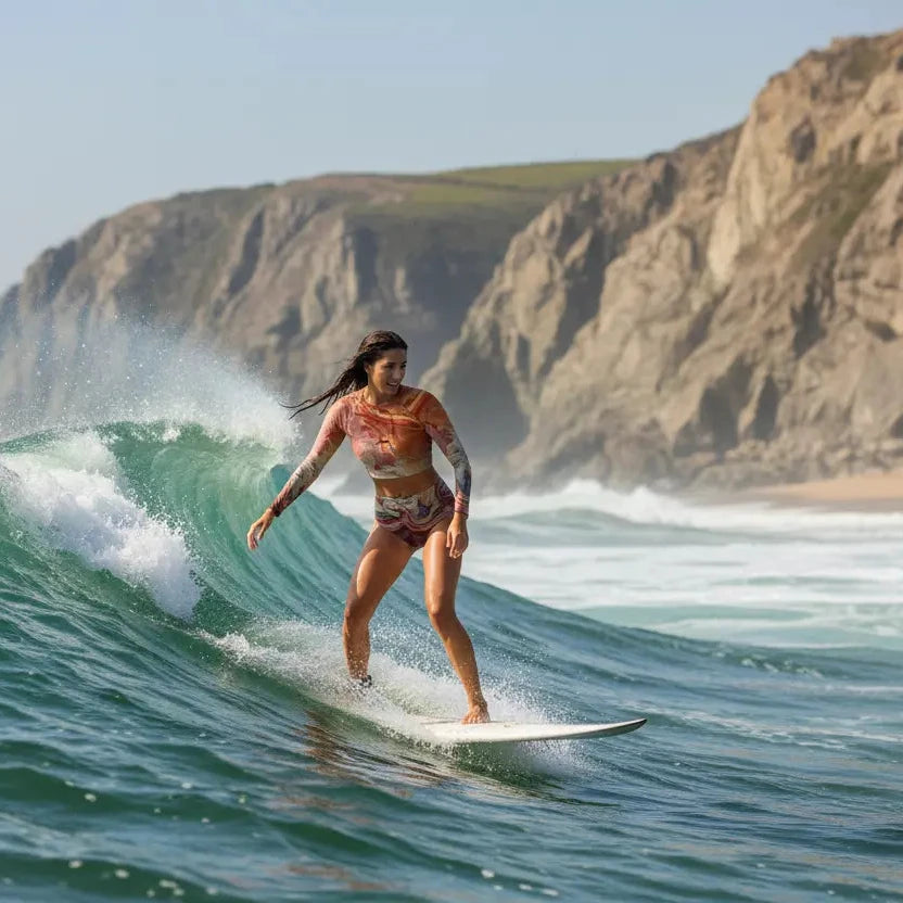 femme portant le bikini de surf uhaina crop top manches longues motif nébuleuse beige orange mauve en surfant une vague