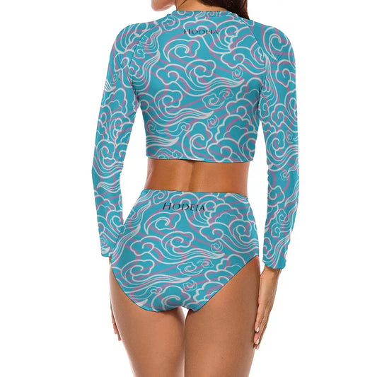 bikini de surf uhaina crop top manches longues dos motif nuages