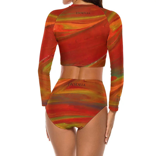 bikini de surf uhaina crop top manches longues dos motif rouge