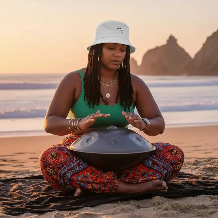 femme portant le bob en coton bio bakea coloris blanc sur une plage