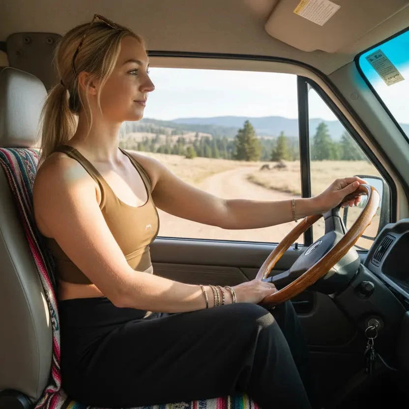 femme portant la brassière de sport éco-responsable carlina coloris marron au volant de son van en pleine nature