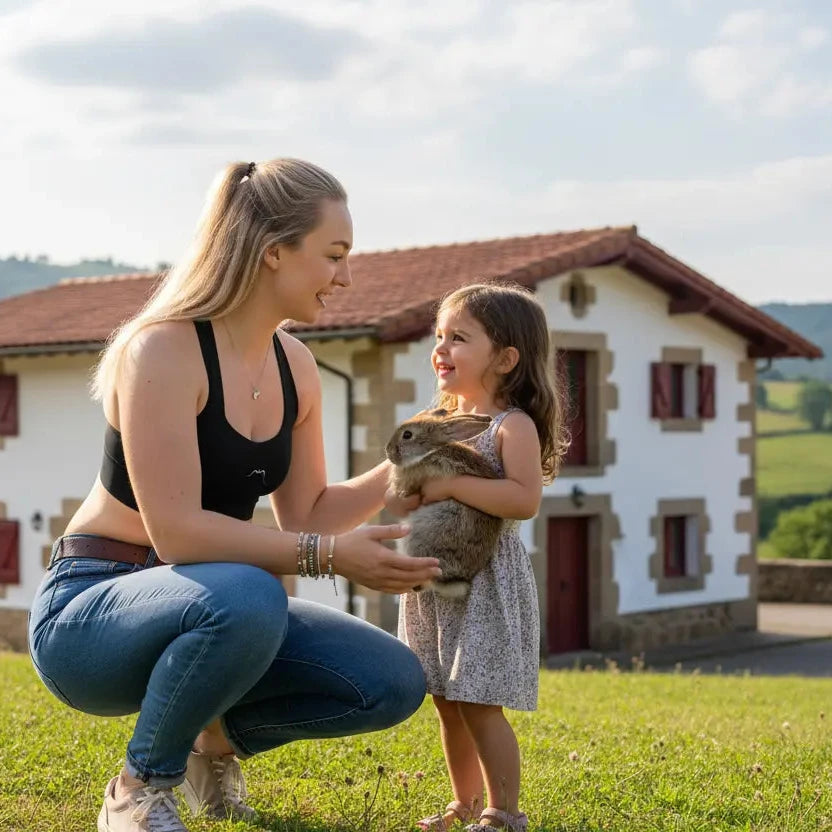femme portant la brassière de sport éco-responsable carlina coloris noir avec sa petite fille qui tient un lapin à la campagne