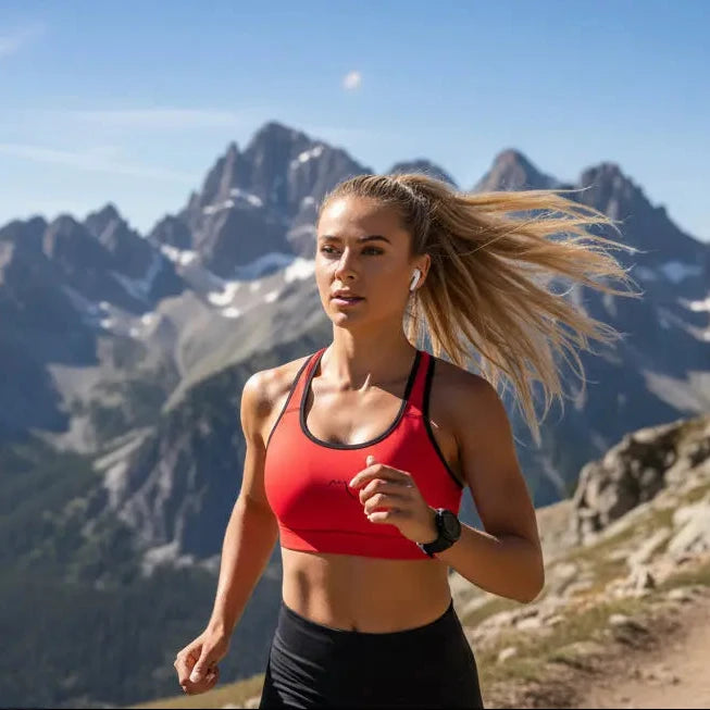 femme portant la brassière de sport éco-responsable rembourée alicia coloris rouge et noir qui court à la montagne