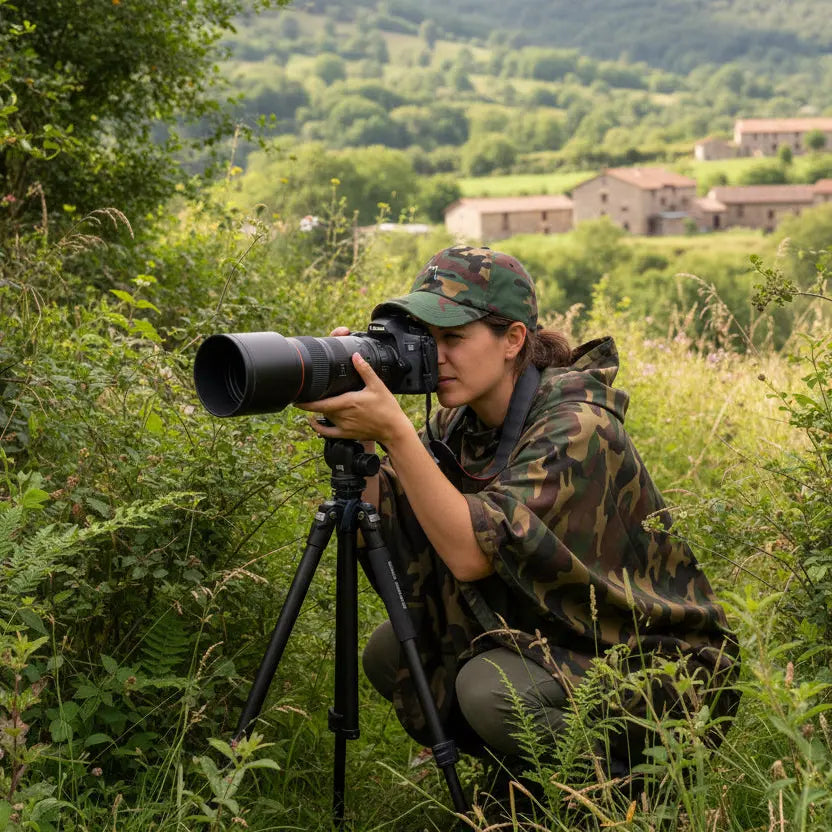 femme portant la casquette de baseball en sergé de coton réglable coloris camouflage pour ses photos animalières en pleine nature