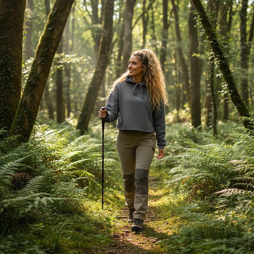 femme portant le crop-top hoodie brodé lesaka coloris gris en forêt