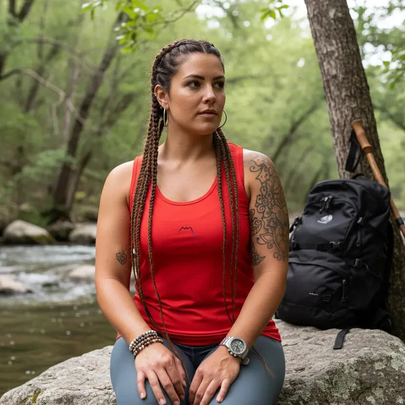 femme portant le débardeur angelu coloris rouge au bord d'une rivière