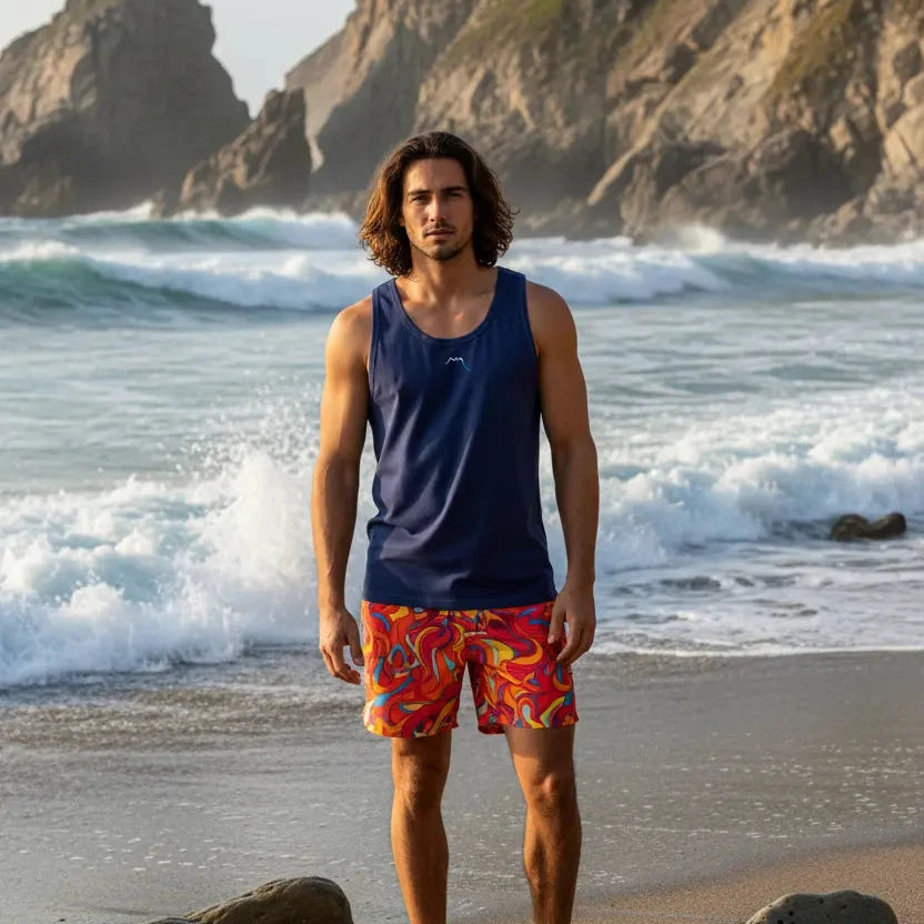 homme portant le débardeur aizkora coloris bleu marine sur une plage