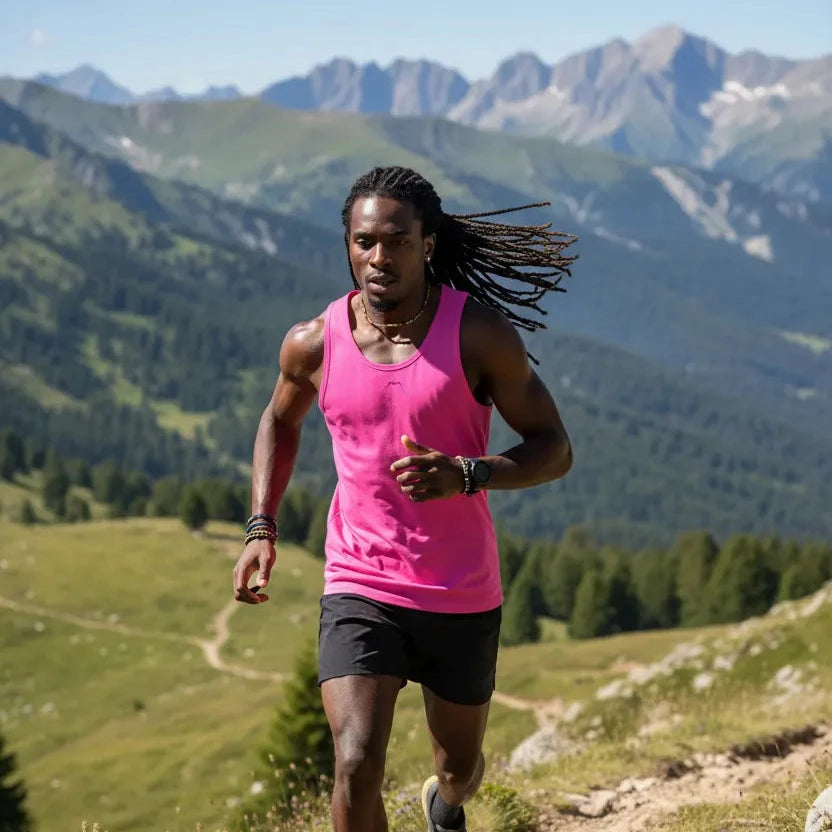 homme portant le débardeur aizkora coloris rose fuchsia qui court en montagne