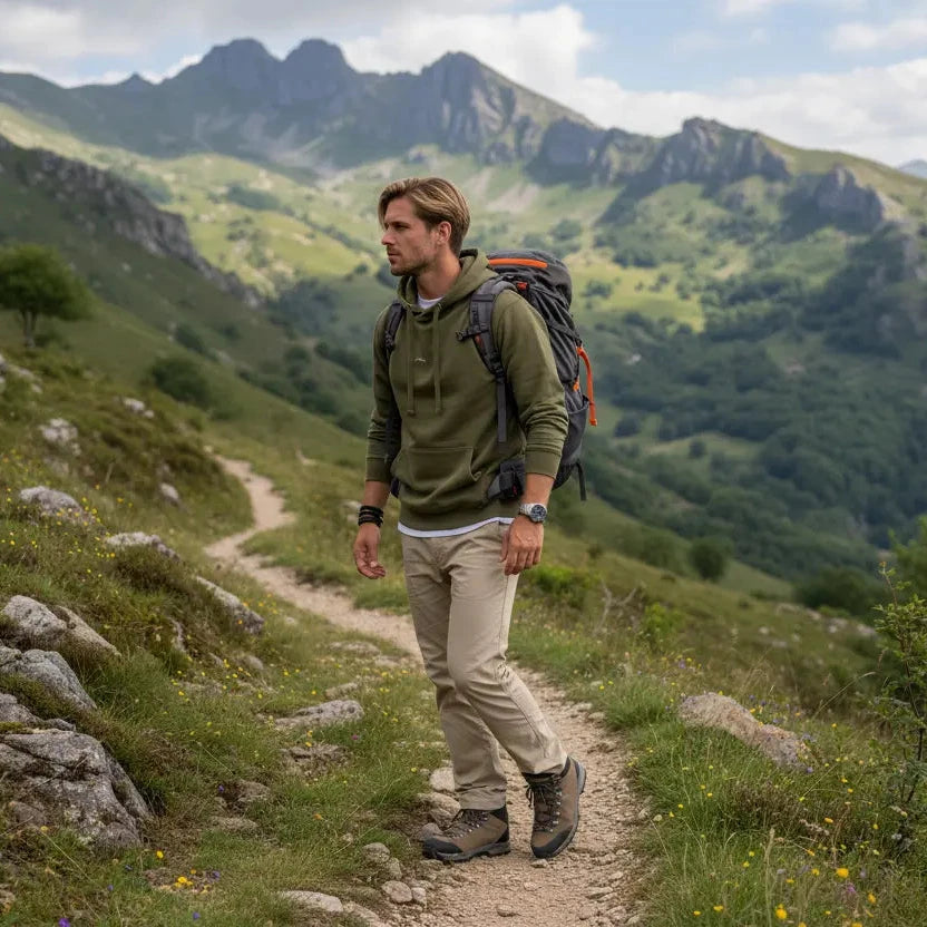 homme portant le hoodie negua coloris vert kaki en randonnée à la montagne