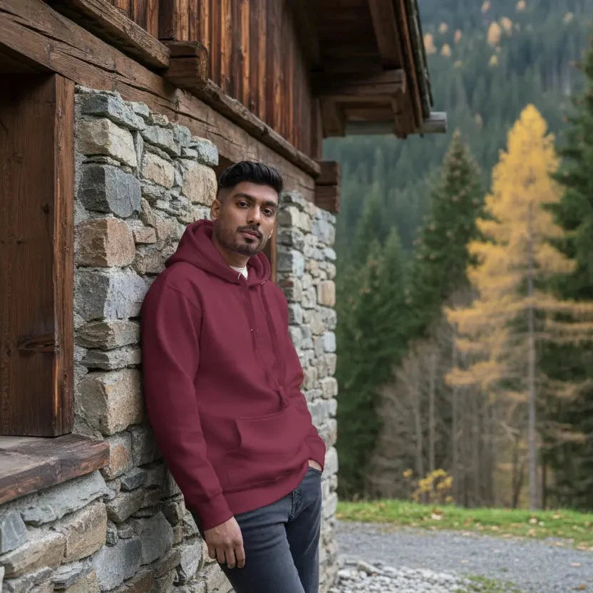 homme portant le hoodie en coton bio negua coloris rouge bordeaux devant un chalet