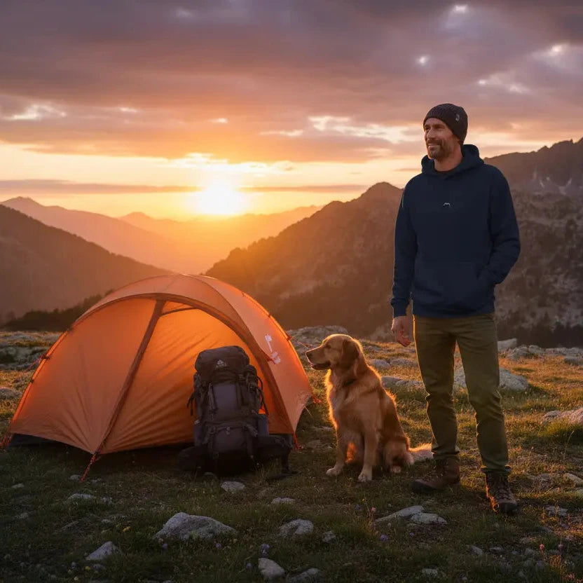 homme portant le hoodie en coton bio negua coloris bleu marine en randonnée avec son chien