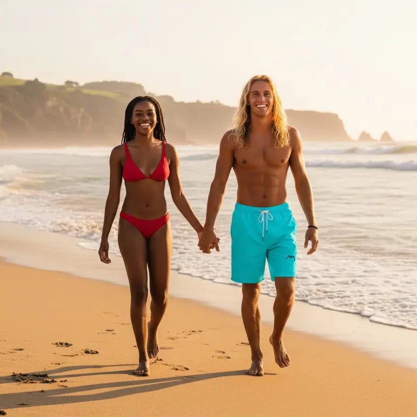 homme portant le maillot de surf indar coloris bleu ciel à la plage