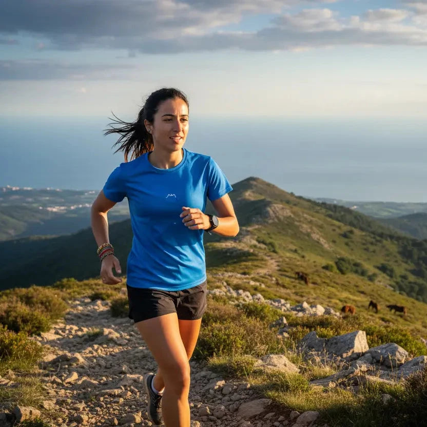 femme portant le t-shirt coton cintré femme insola coloris bleu logo blanc qui court à la montagne