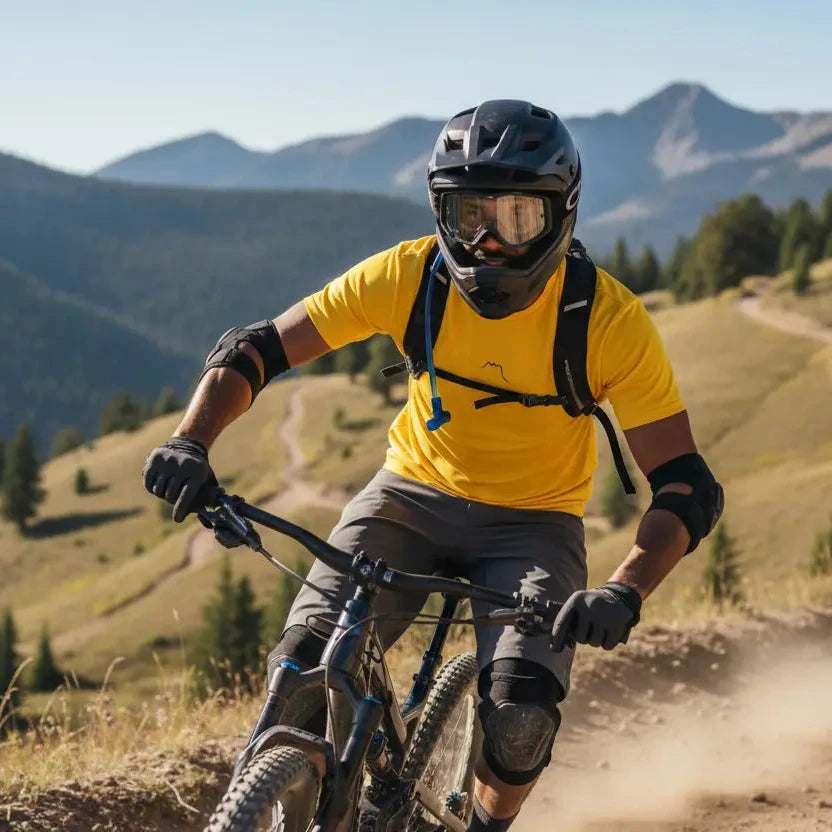 homme portant le t-shirt coton femme homme l'ermite coloris jaune en vtt à la montagne