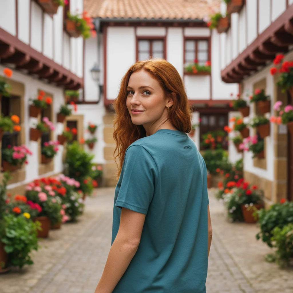 femme portant le t-shirt premium en coton bio zéro coloris bleu vert dans un village du pays basque