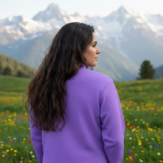 femme portant la veste polaire longue bolivia de dos coloris mauve à la montagne