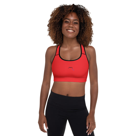 Vue de face de la brassière de sport rembourrée Alicia -coloris rouge et noir